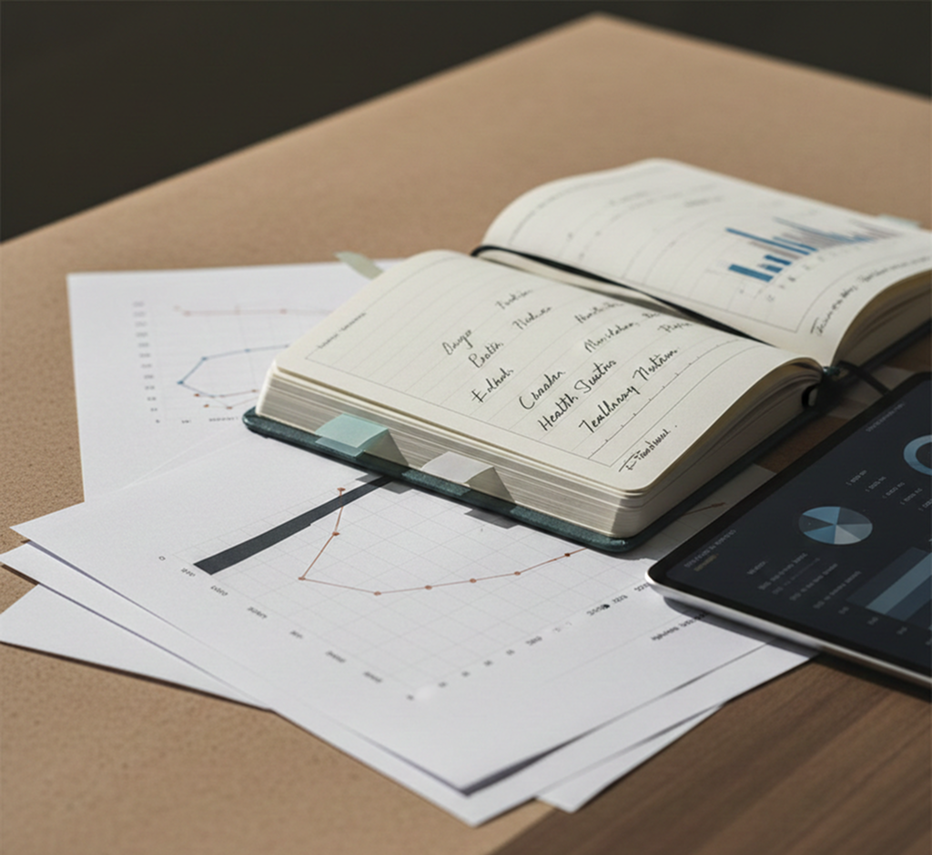 Editorial desk reviewing health trend headlines and data notes